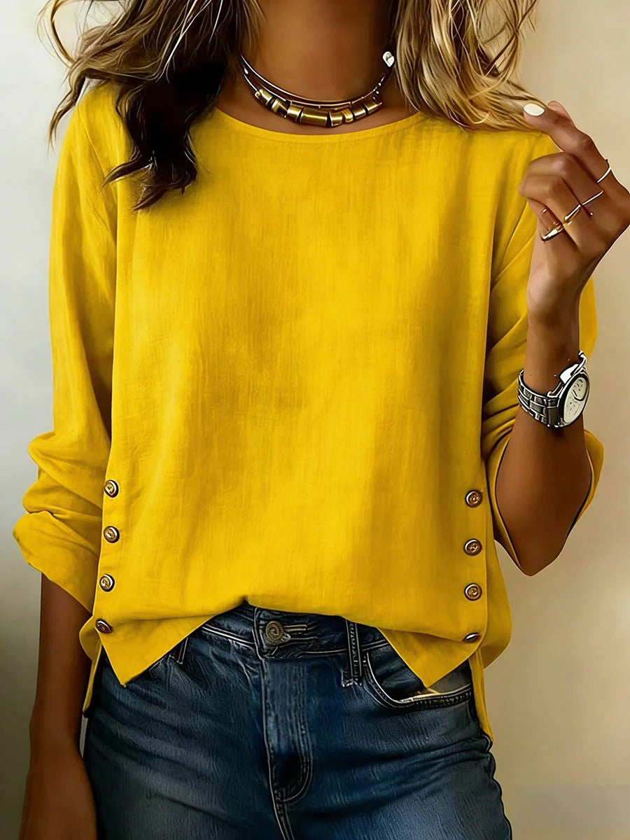 Summer Solid Color Round Neck Casual Loose Cotton And Linen Top For Women