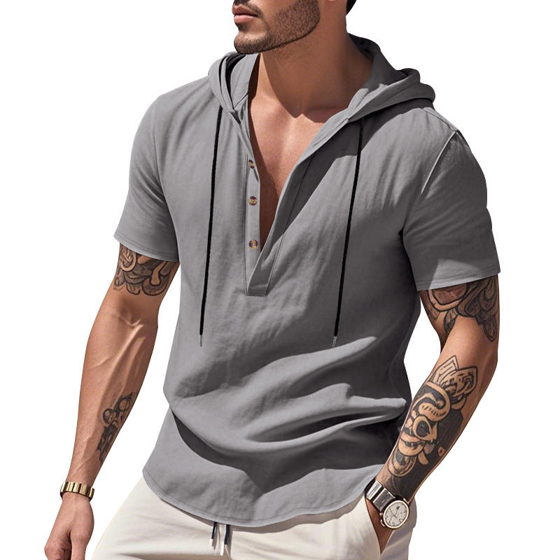 Casual Breathable Linen Hooded Henley Shirt With Short Sleeves  Men's Shirt Breathable Comfortable Spring Summer Fashion Basic Color Streetwear