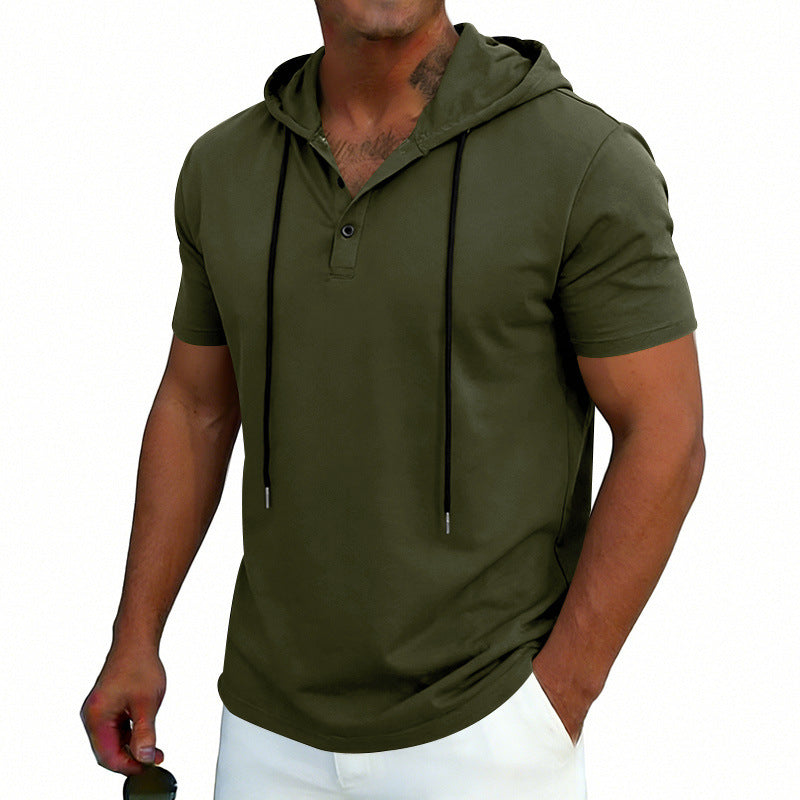 Men's Henley-Neck Drawstring Short-Sleeve Hoodie T-Shirt