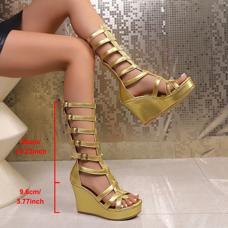 Women's Metallic Gold Gladiator Wedge Sandals Open Toe Buckle Strap Platform High Heel Boots