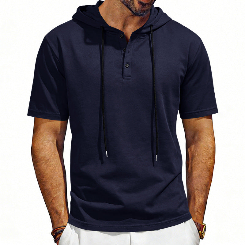 Men's Henley-Neck Drawstring Short-Sleeve Hoodie T-Shirt