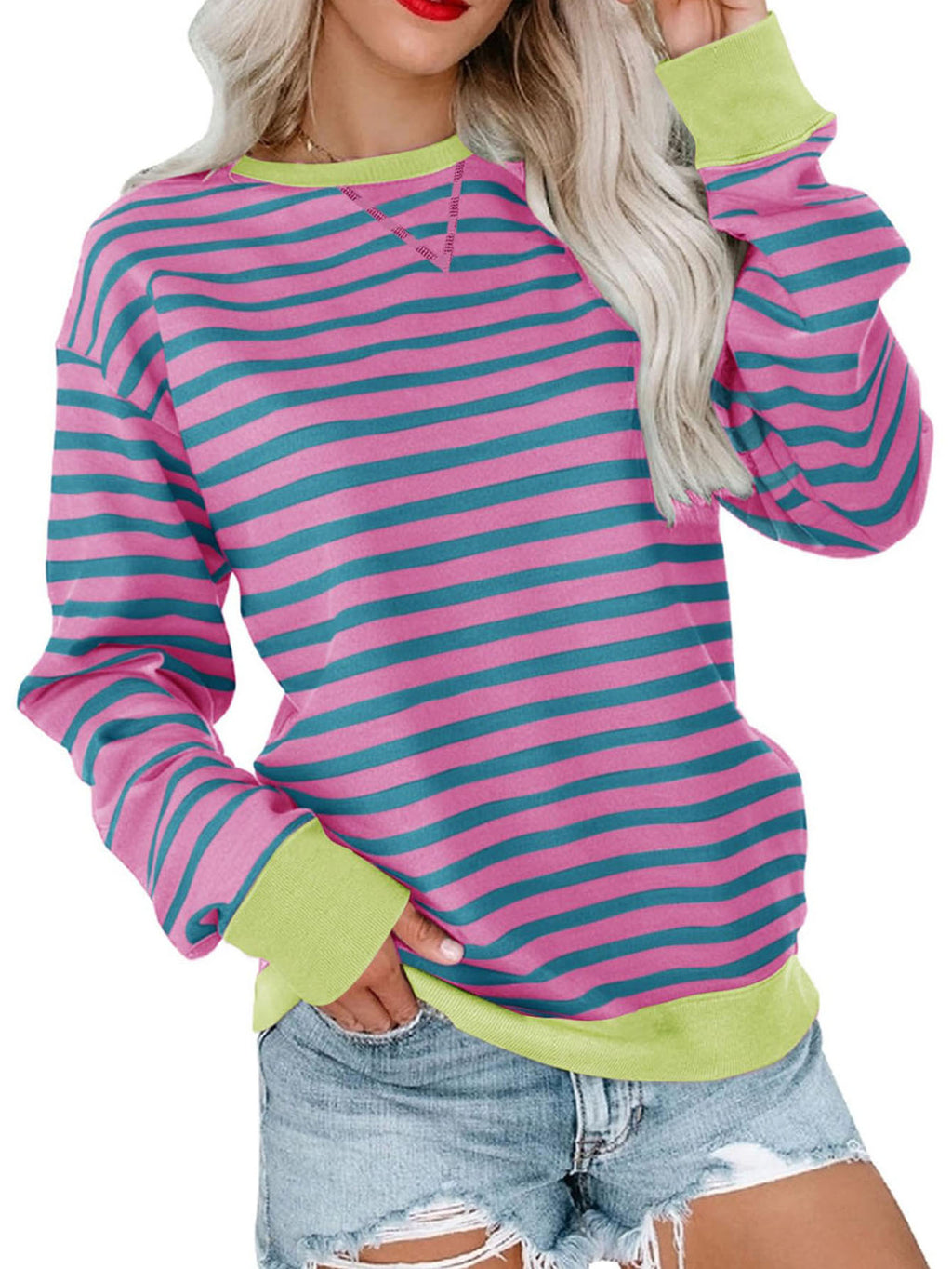 New Striped Color-Blocked Long-Sleeved Casual Crew Neck Sweatshirt