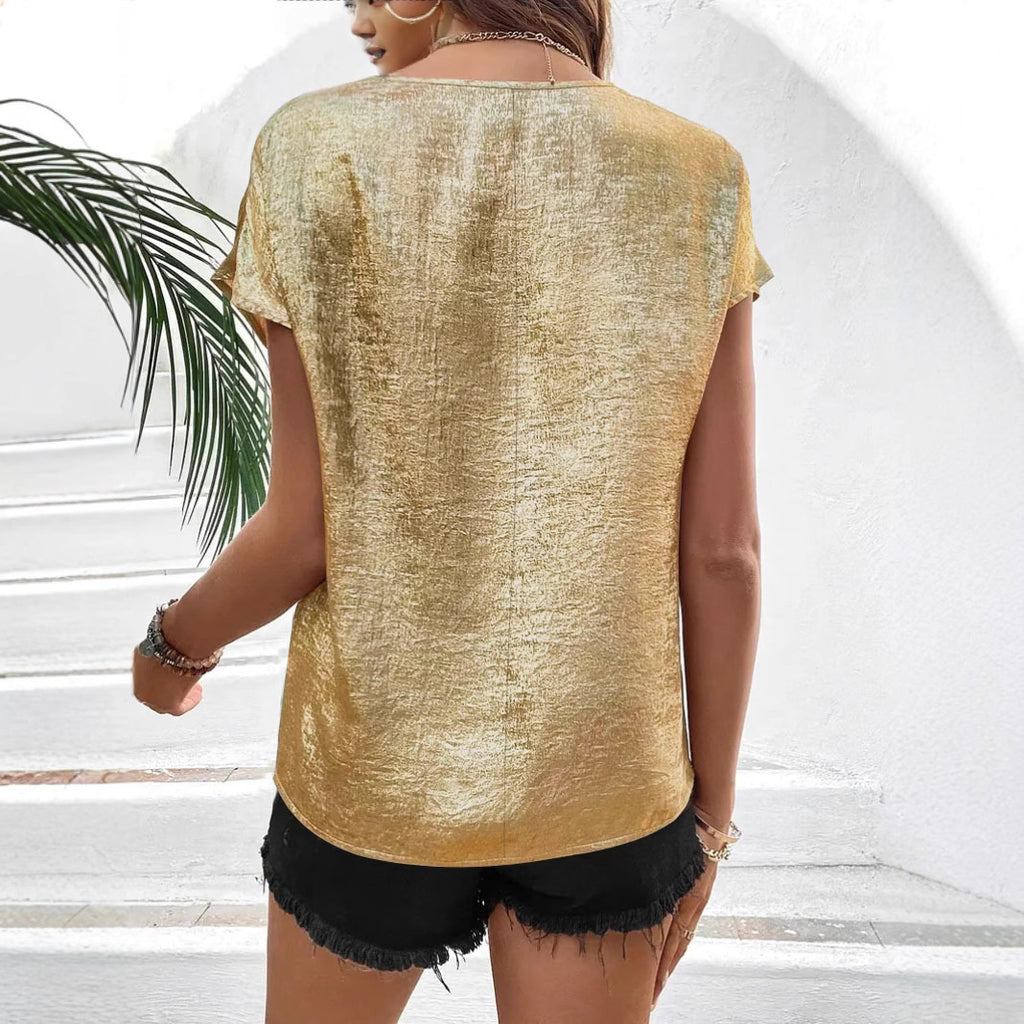 Lace-trimmed Short-sleeve Womens Casual Loose V-neck T-shirt