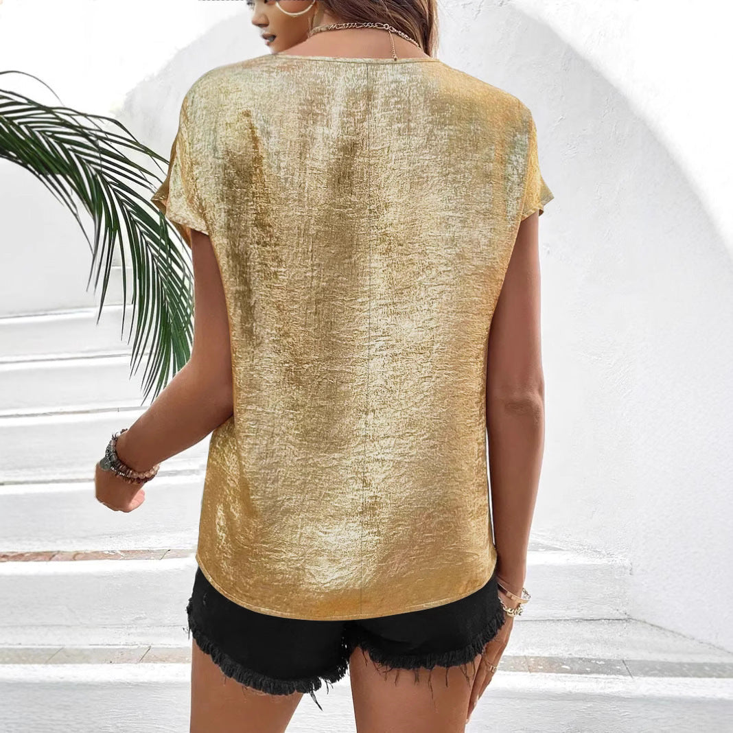 Lace-trimmed Short-sleeve Womens Casual Loose V-neck T-shirt