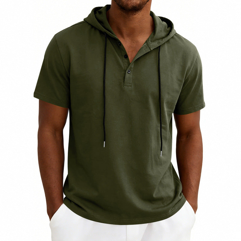 Men's Henley-Neck Drawstring Short-Sleeve Hoodie T-Shirt