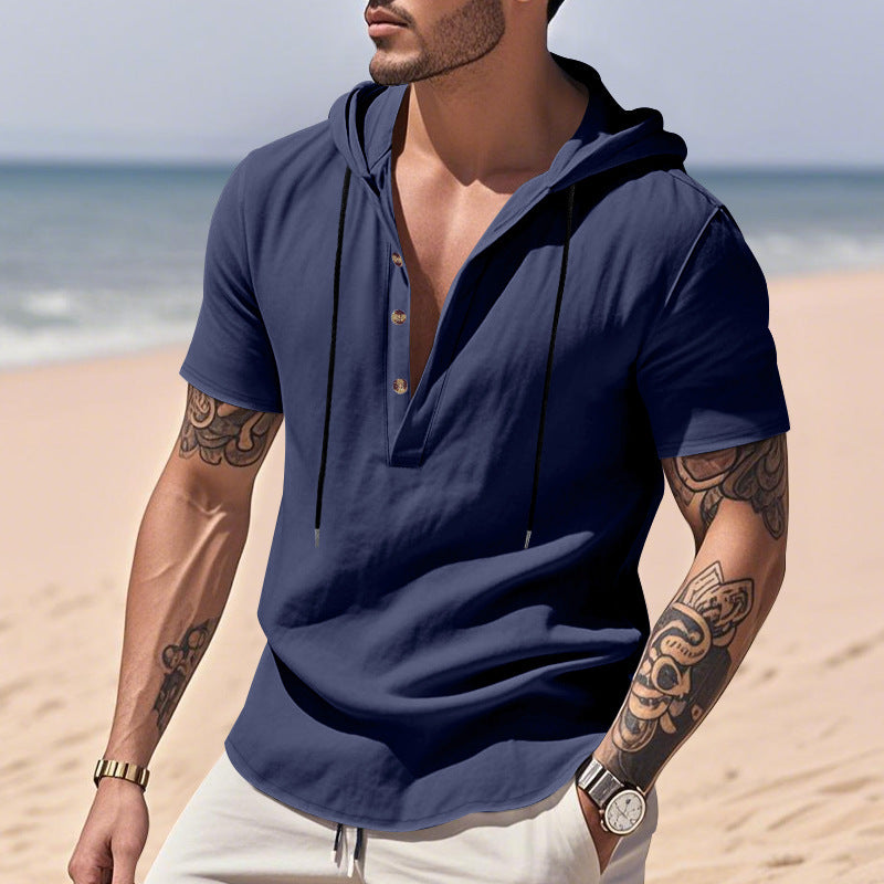Casual Breathable Linen Hooded Henley Shirt With Short Sleeves  Men's Shirt Breathable Comfortable Spring Summer Fashion Basic Color Streetwear