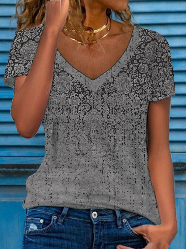 Women's Multicolor Floral Print Short-Sleeve V-Neck Top