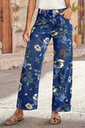 High Waist Straight Leg Jeans Vintage Floral Print Denim Pants