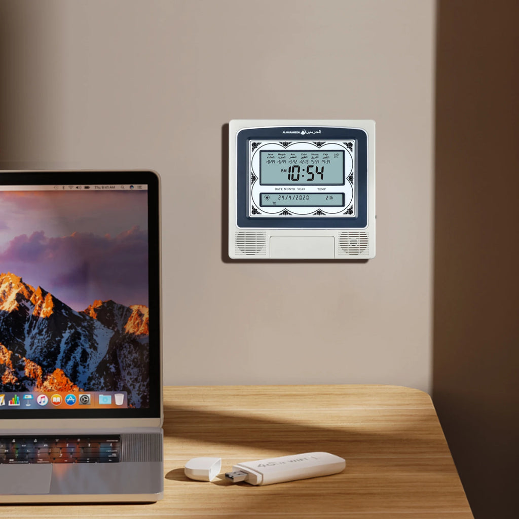 AL-HARAMEEN Alarm clock LCD Screen Azan Clock Multi-languages Hijir Gregorian Calendars Muslim Prayer Desk Wall clcok