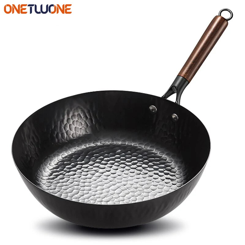 28cm Non-coated Cast Iron Wok Non-stick Pan Smokeless Fried Pan Cook Pots Kitchen Cookware Chef Pan Cooking Tools