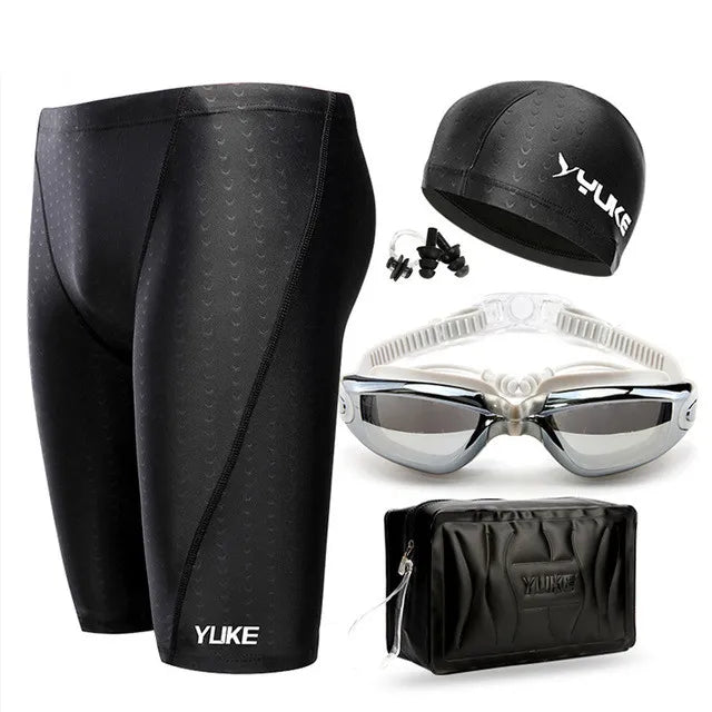New Men Swimming Set Long Mens Swim Trunks Shark Swimwear Swimming Shorts Glasses Cap Carry Bag Suit Bathing Beach Swimsuit