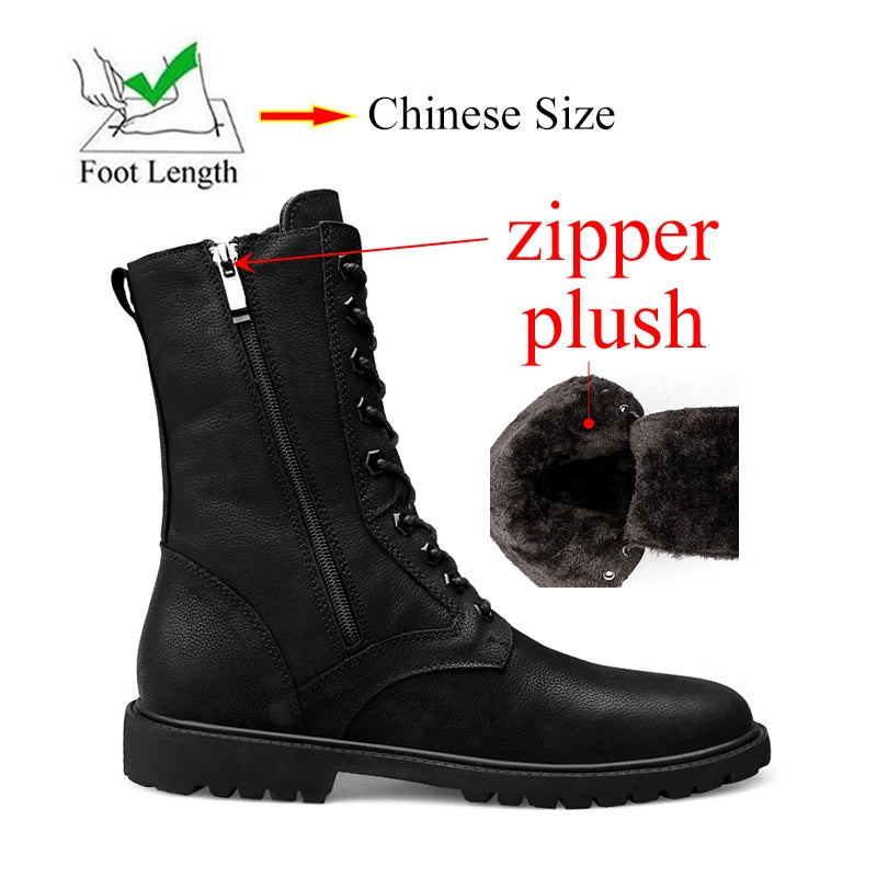 Winter Men High Leather Boots Combat Tactical Shoes Hunting Pure Black Plus Big Size 49 50 51 52