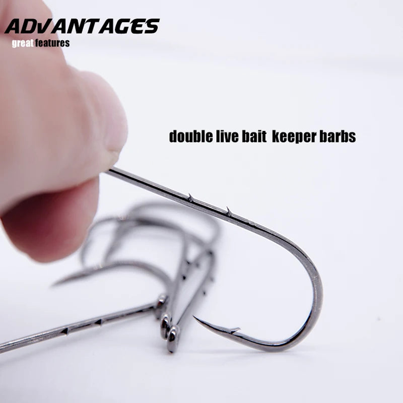 50pcs/lot Long Shank Fishing Hook For Fishing Live Bait With Double Bait Keeper Barbs High Carbon Steel With Anti-rust Fishhooks