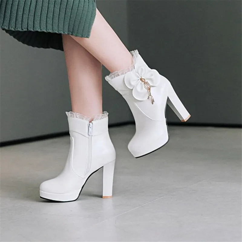 Girls' Shoes Fashion Ankle Boots For Women High Heels Sweet Bow Booties Platform PU Leather Wedding Party Shoes Woman Size 33-43