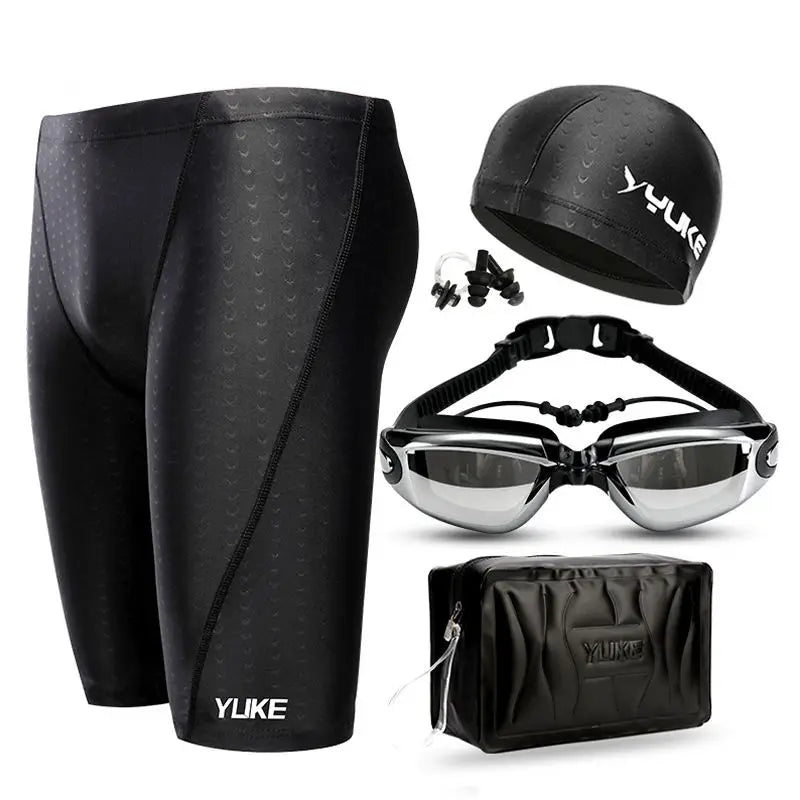 New Men Swimming Set Long Mens Swim Trunks Shark Swimwear Swimming Shorts Glasses Cap Carry Bag Suit Bathing Beach Swimsuit