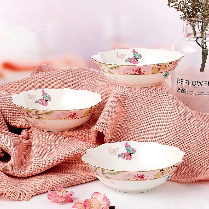Ceramic Plate Set Glazes Party Flora Tableware Set Porcelain Breakfast Dessert Plates Dishes Noodle Bowl Coffee Cup Home Decor