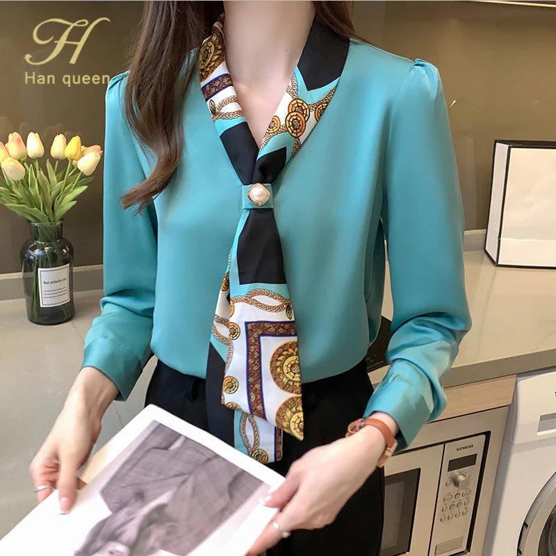 H Han Queen Spring Chiffon Simple Office Lady Blouse Female Shirt Bow Tops Long Sleeve Casual Korean OL Loose Blouses Women
