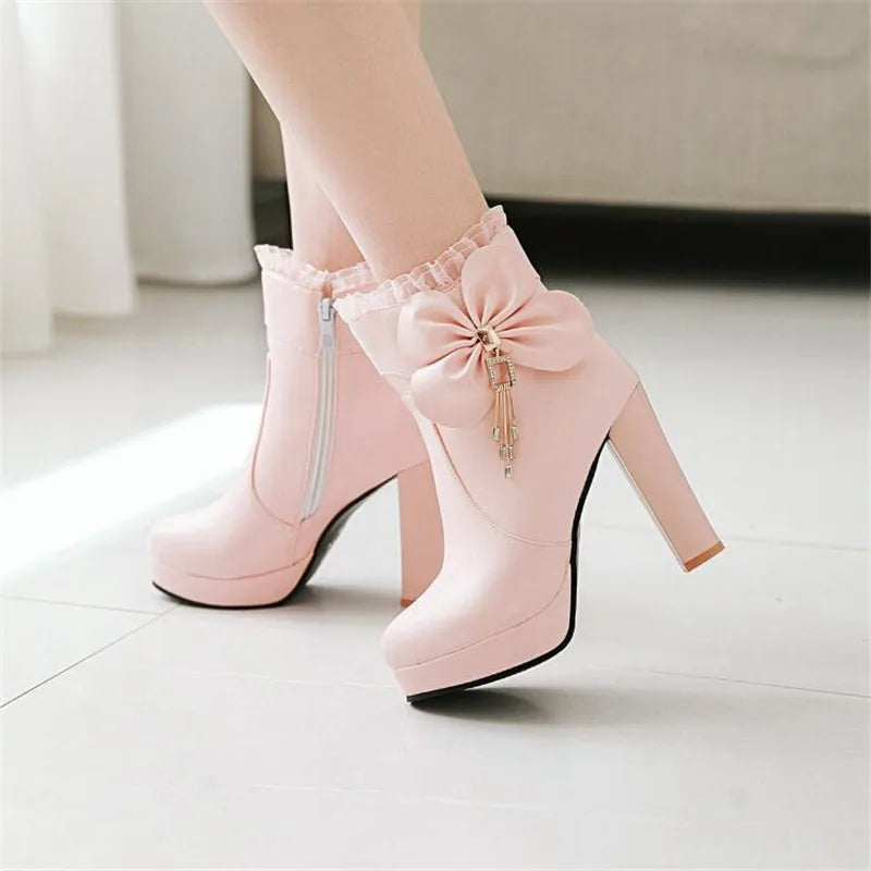 Girls' Shoes Fashion Ankle Boots For Women High Heels Sweet Bow Booties Platform PU Leather Wedding Party Shoes Woman Size 33-43