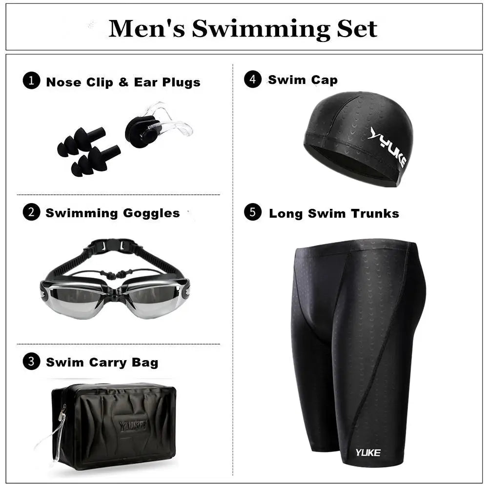 New Men Swimming Set Long Mens Swim Trunks Shark Swimwear Swimming Shorts Glasses Cap Carry Bag Suit Bathing Beach Swimsuit