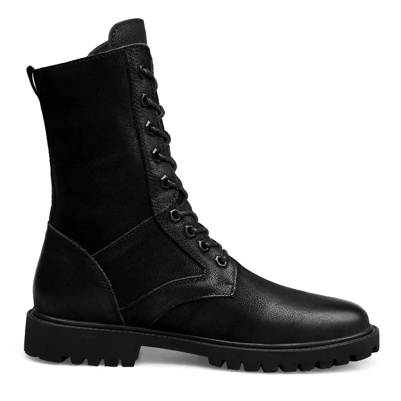 Winter Men High Leather Boots Combat Tactical Shoes Hunting Pure Black Plus Big Size 49 50 51 52