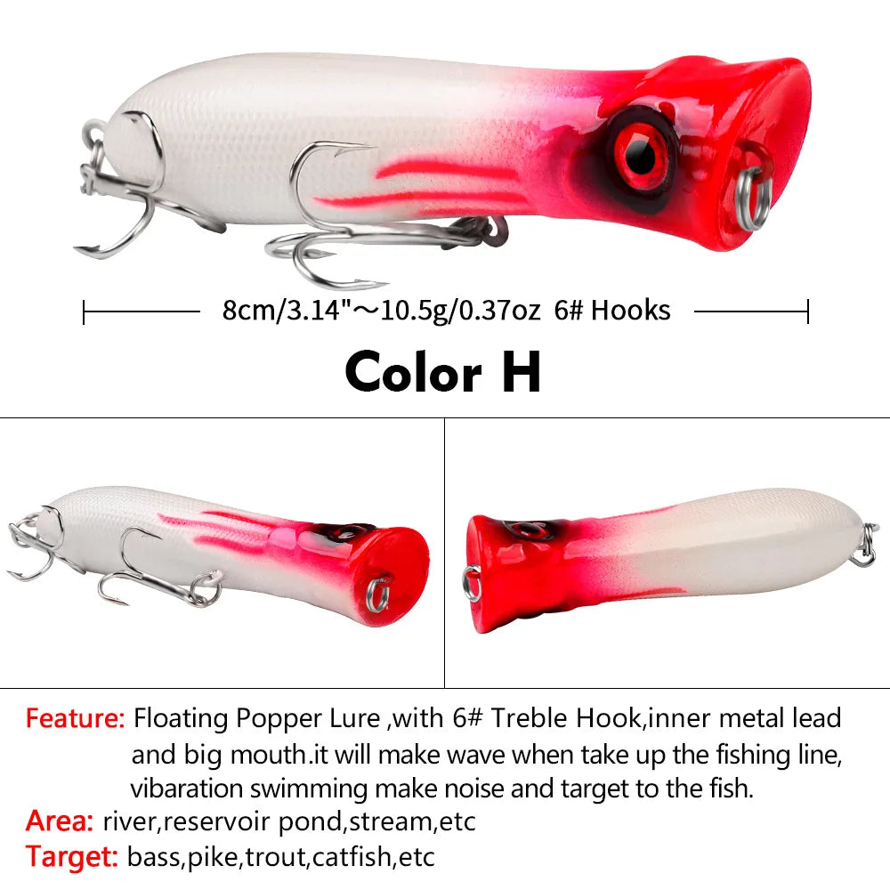 Topwater Popper Saltwater Fishing 8cm-12g 6# Floating Bait Hard Bait Artificial Wobblers Plastic Fishing Tackle for Striper Pike
