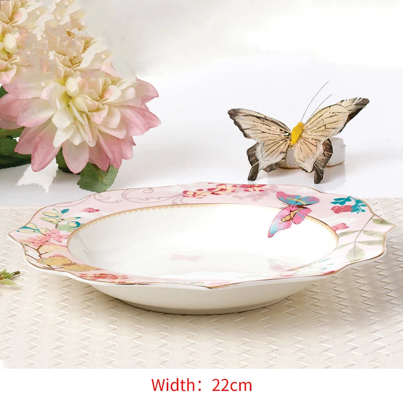 Ceramic Plate Set Glazes Party Flora Tableware Set Porcelain Breakfast Dessert Plates Dishes Noodle Bowl Coffee Cup Home Decor