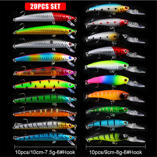 20pcs/lot Minnow Fishing Lures Set Bass Fresh Salt Water Floating 3D Eyes Wobbler Tackle Hard Bait Crankbait Pesca Kit set