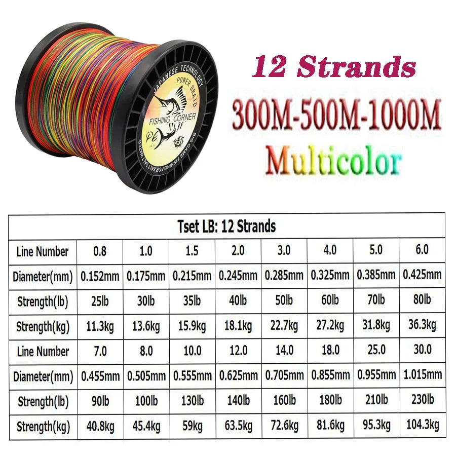 12 Strands Braided Fishing Line 300mm 500m PE Multifilament Multicolor Line Super Strong Japan Fish Line Saltwater Fishing Wire
