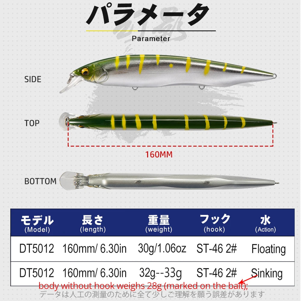 D1 Flat-sided Jerkbait 160mm 30g Floating Wobblers of Pike Sea Fishing Depth 0.8 - 1.2m Sinking Lure 32g 33g Good Baits DT5012