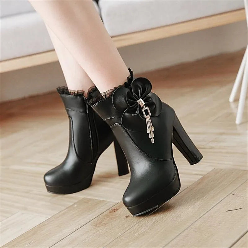 Girls' Shoes Fashion Ankle Boots For Women High Heels Sweet Bow Booties Platform PU Leather Wedding Party Shoes Woman Size 33-43