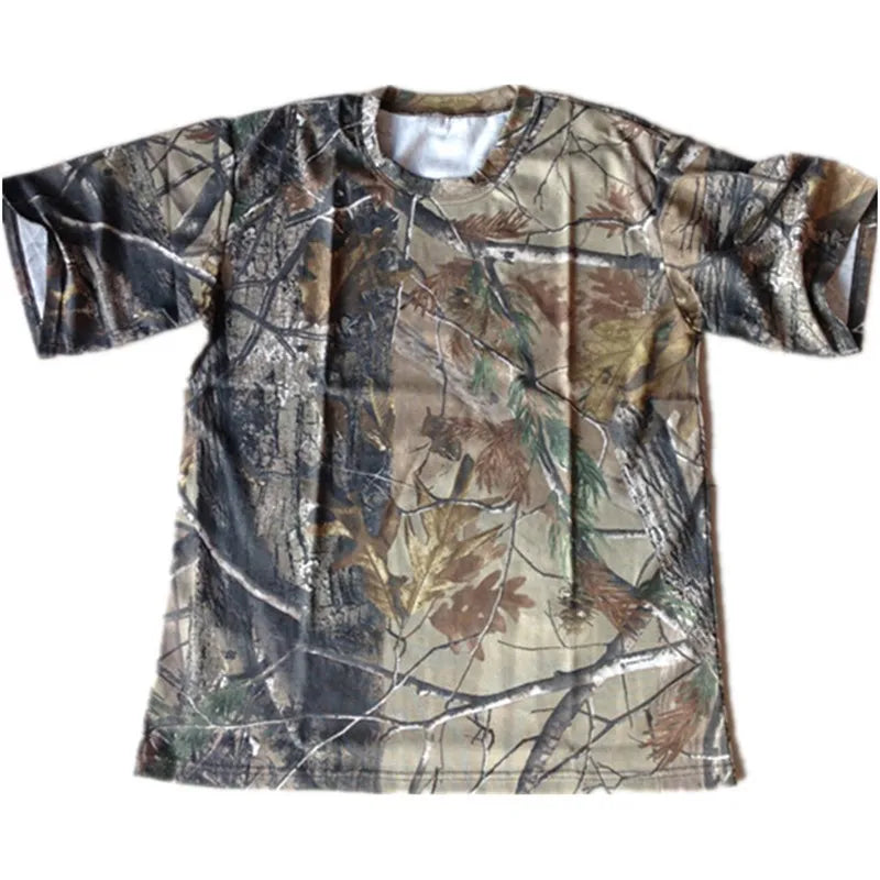 Men’s Summer Short-Sleeved T-Shirt Round Collar Bionic Camouflage Hunting Fishing T-Shirt Outdoor Breathable Cotton Sports Top
