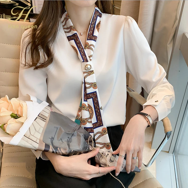 H Han Queen Spring Chiffon Simple Office Lady Blouse Female Shirt Bow Tops Long Sleeve Casual Korean OL Loose Blouses Women