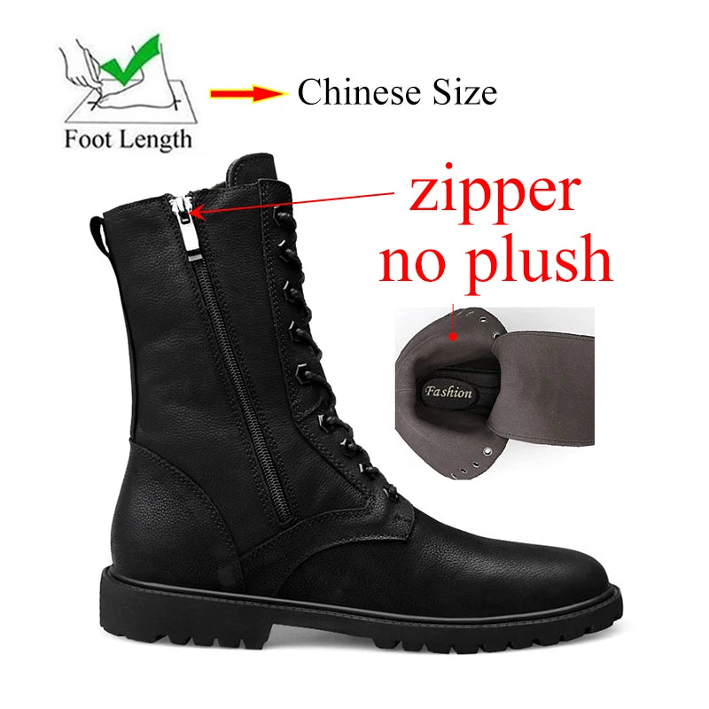 Winter Men High Leather Boots Combat Tactical Shoes Hunting Pure Black Plus Big Size 49 50 51 52