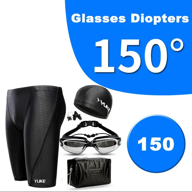 New Men Swimming Set Long Mens Swim Trunks Shark Swimwear Swimming Shorts Glasses Cap Carry Bag Suit Bathing Beach Swimsuit