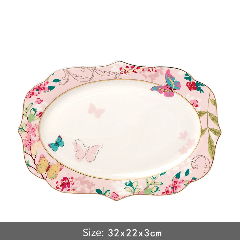 Ceramic Plate Set Glazes Party Flora Tableware Set Porcelain Breakfast Dessert Plates Dishes Noodle Bowl Coffee Cup Home Decor