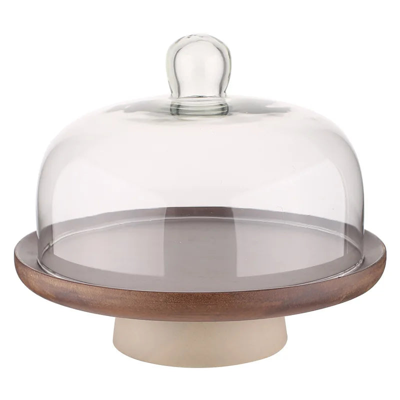 Modern Round Wooden Cake Tray with Glass Cover Dessert Bread Display Stand Fruit Snack Plate Kitchen Utensils Holiday Decoration