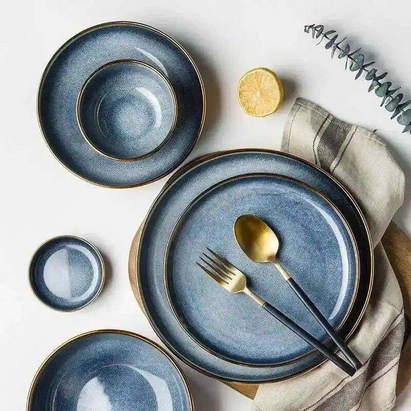 1Pcs Ceramic Dishes Steak Dessert Dinner Plate Blue Gradient Salad Soup Bowl Plates Tableware