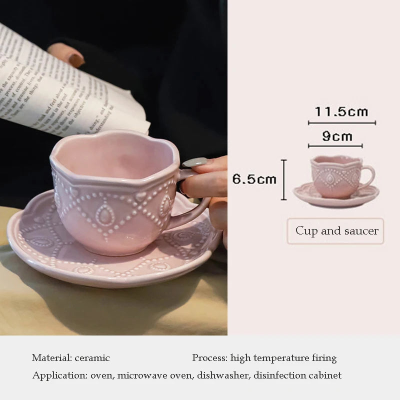 Pink Plate Set Retro Embossed Ceramic Dishes Cup and Saucer Breakfast Milk Mug Soup Plate Kitchen Tableware Housewarming Gift