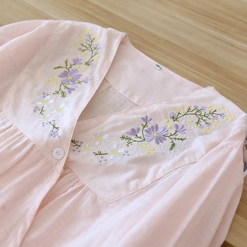 Women's Pajamas Gauze Cotton Loungewear Spring Summer V-Neck Sexy Sleepwear Embroidery Printed Trousers Pyjama Suit