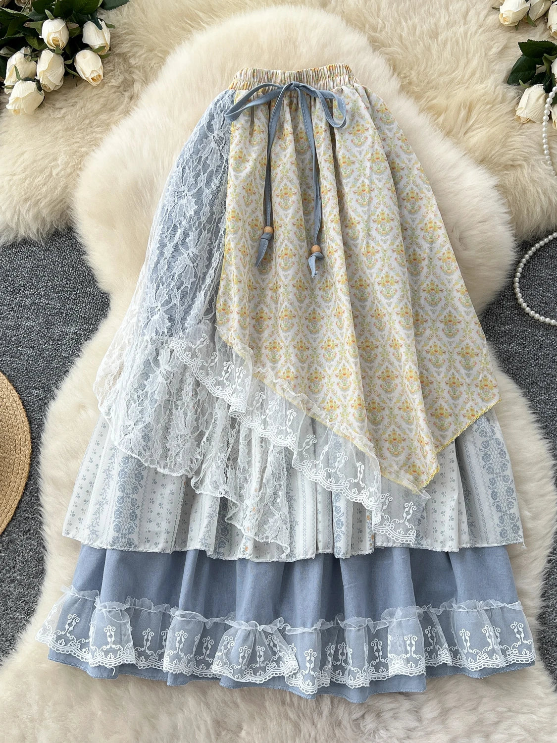 Sweet Forest System High Waist f Skirt Women's Summer New Design Lace Splicing Floral Asymmetrical Fairy Skirt