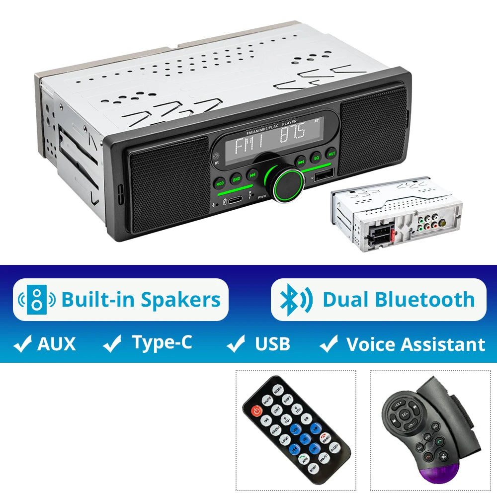 Car Radio 1Din MP3 Player Stereo Dual Bluetooth Built-in Speaker FM AM RDS AUX input USB EQ Type-C Charging Universal