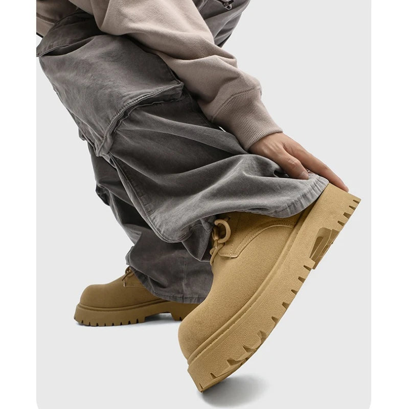 Mens Chunky Derby Work Boots Retro Lace-Up Suede Shoes Thick Sole Breathable Low-Top Industrial Casual Footwear for Men 2026