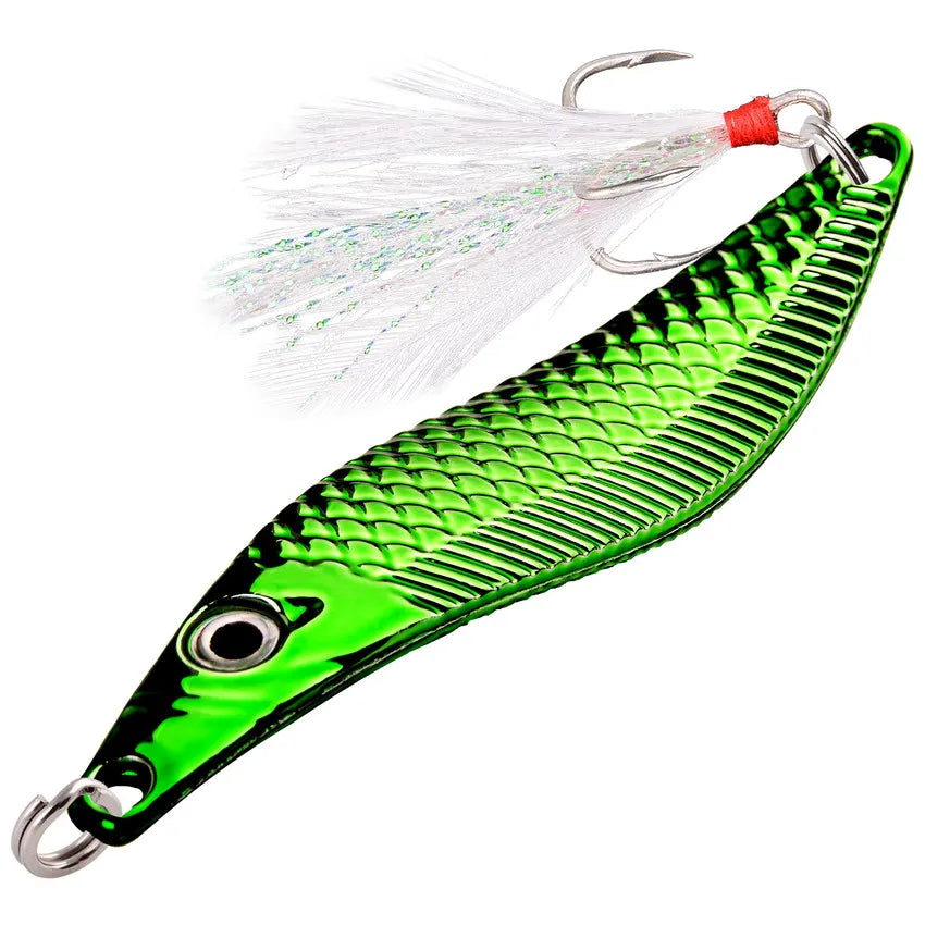 Metal VIB Leech Spinners Spoon Lures 7g 10g 15g 20g Artificial Bait With Feather Hook Night Fishing Tackle for Bass Pike Perch