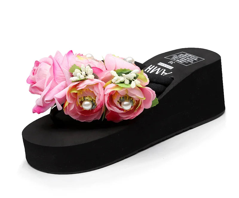 Slippers Women Handmade Slippers Summer Flip Flop Flowers Female High Heel Ladies Bohemia Beach Sandal Slippers Home Slippers