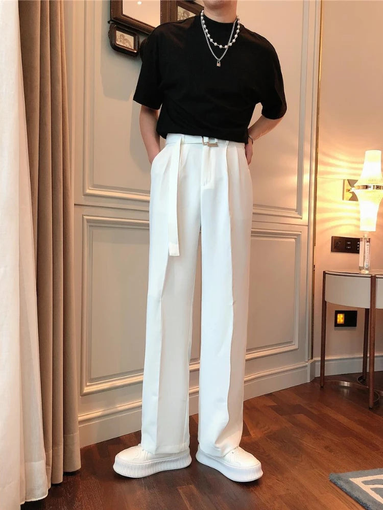 White Trousers For Men Baggy With Belt Wide Leg Elegant Spring Clothes Man Suits Pants Clothing Promotion Hot Fabric Summer 2025