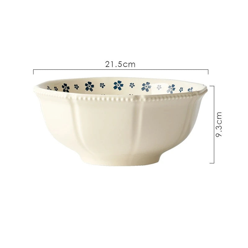 1PC Ceramic Tableware Retro Blue Cherry Blossom Household Rice Bowl Vegetable Plate Niche Bowl Set  Cute Bowl