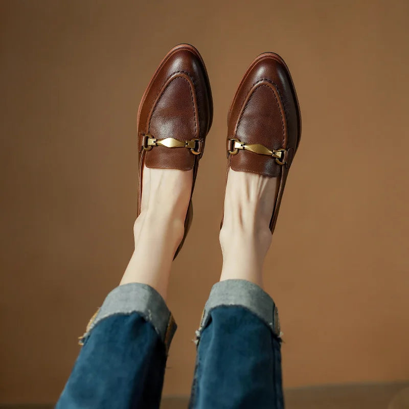 Basic Women Pumps Spring Summer High Heel Round Toe Buckle Genuine Leather Office Lady Working Loafers Shoes Woman 2025 New