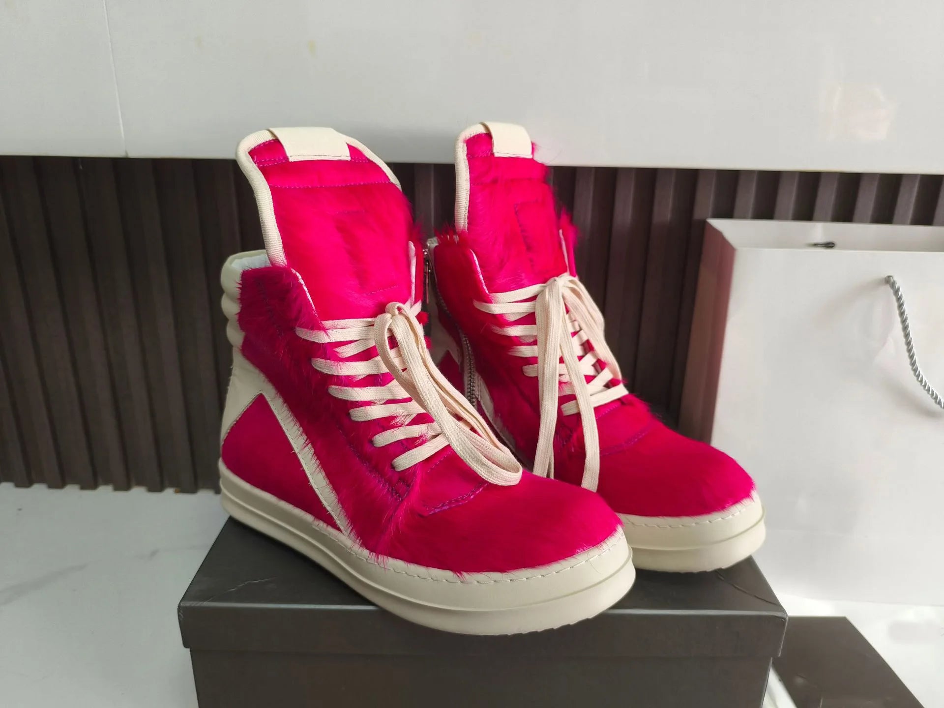 Men's Horsehair Shoes Casual Platform Women High Top Sneakers Leather Luxury Trainers Lace Up Zip Designer Male Boots