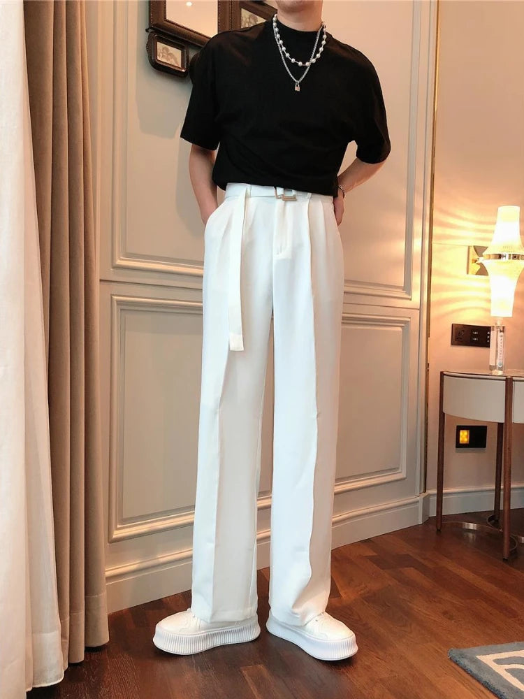 White Trousers For Men Baggy With Belt Wide Leg Elegant Spring Clothes Man Suits Pants Clothing Promotion Hot Fabric Summer 2025
