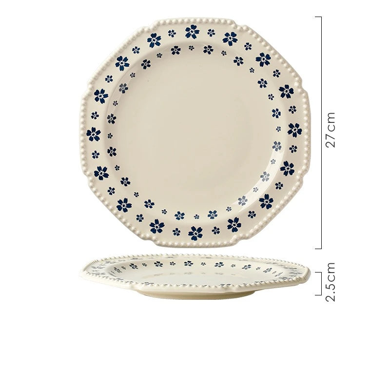 1PC Ceramic Tableware Retro Blue Cherry Blossom Household Rice Bowl Vegetable Plate Niche Bowl Set  Cute Bowl